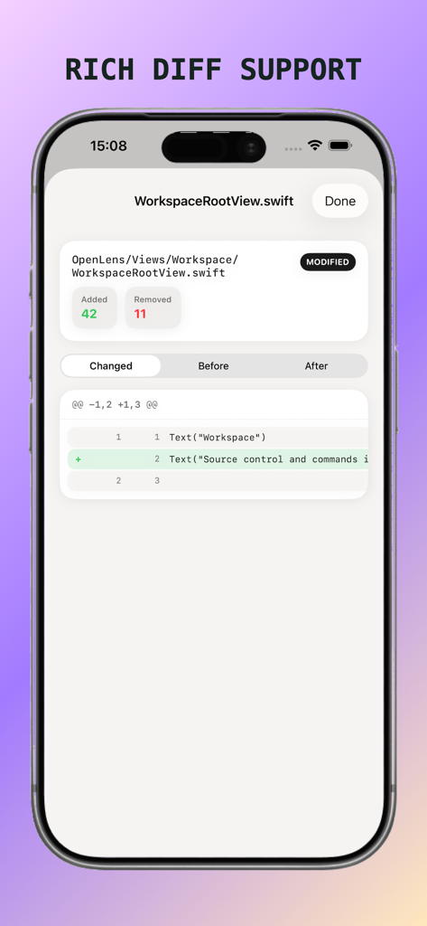 OpenLens app displaying a rich code diff view with additions and removals in a Swift file.