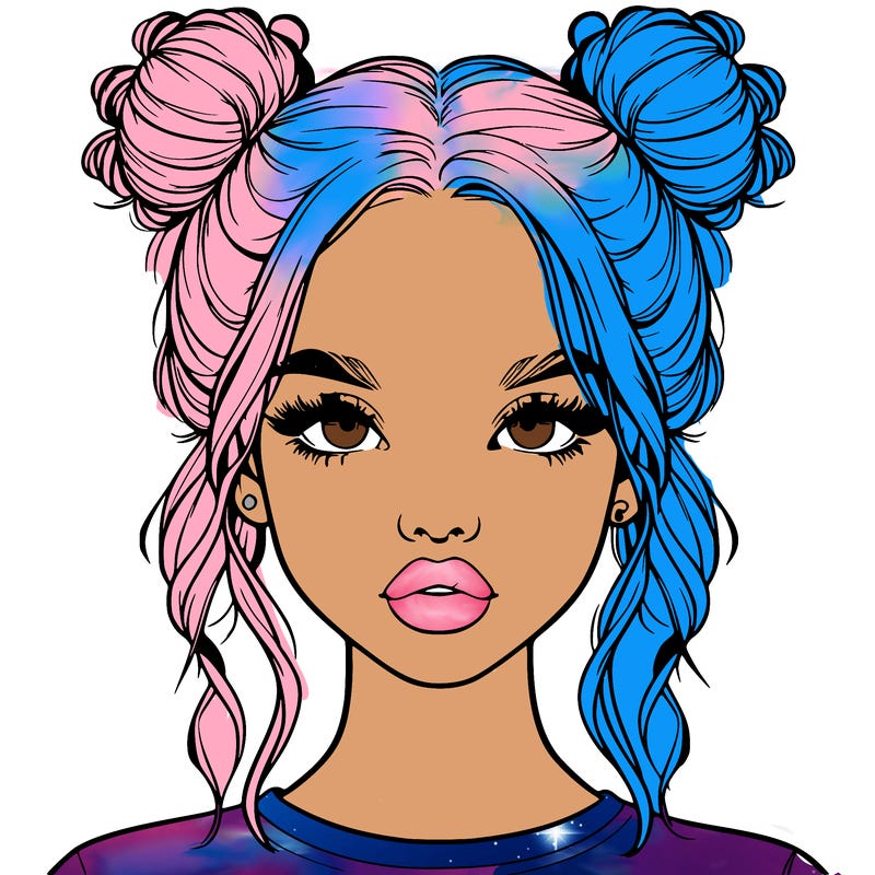 realistic girl with two buns in hair and lips