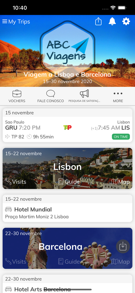 Meu Agente - Meu Agente app interface showing a detailed travel itinerary with flight information and hotel bookings for a trip to Lisbon and Barcelona