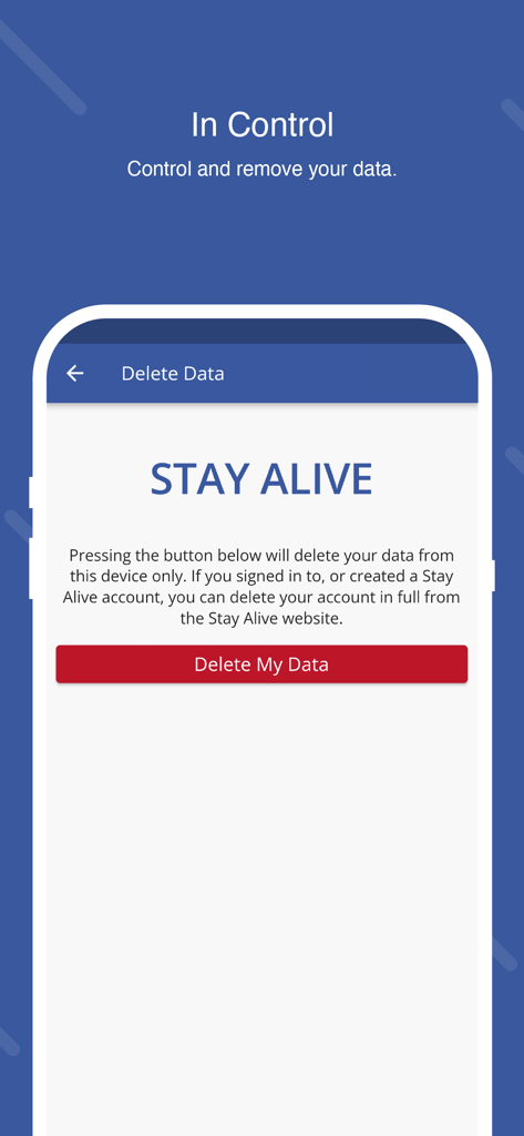 Stay Alive - Stay Aliveアプリのインターフェース。「管理下」という見出しの下に、データ削除オプションが表示されています。