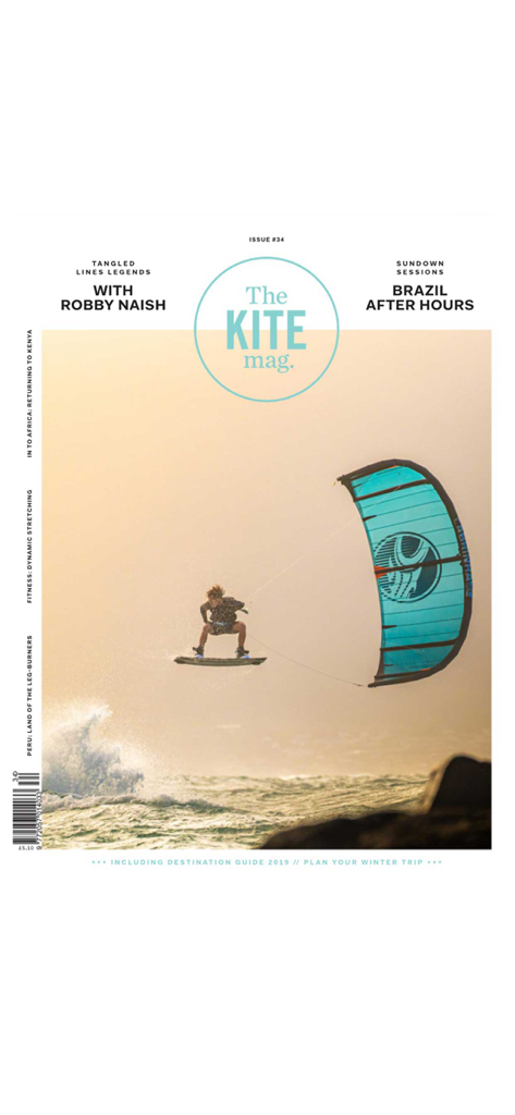 Portada de la edición 34 de The Kite Mag con un kiteboarder saltando en el aire sobre el océano al atardecer