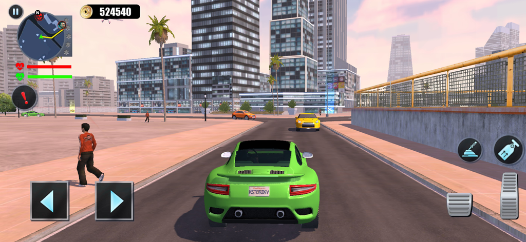 Hero Gangster City Gang Battle - Un coche deportivo verde circulando por una calle de ciudad de mundo abierto en Hero Gangster City Gang Battle