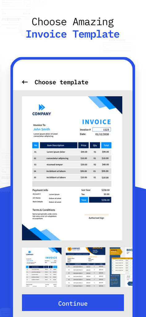 InvoiceBilling | Receipt Maker - A mobile interface displaying different professional invoice design templates