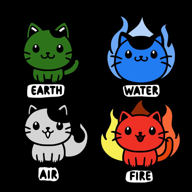 4 cats that are the 4 elements, earth, water, air, fire