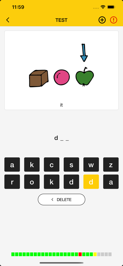 ZARAZ English and German - Language learning writing test screen in the ZARAZ app showing a vocabulary exercise with illustrations and a letter keyboard