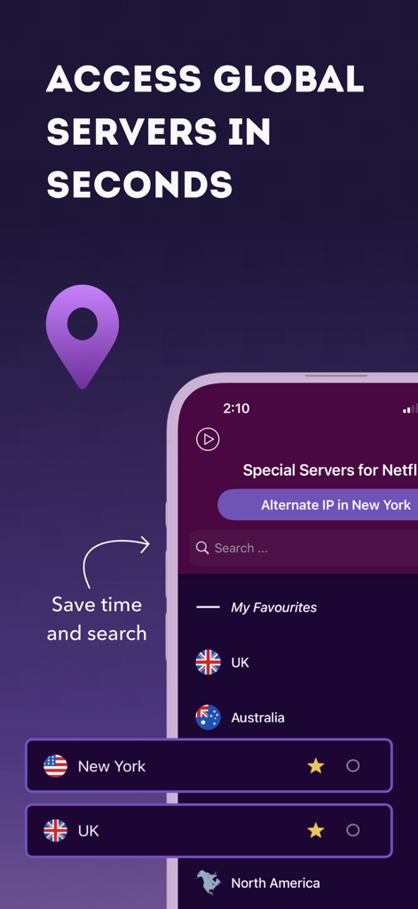 Free VPN app interface showcasing a list of global server locations and a search bar for quick access