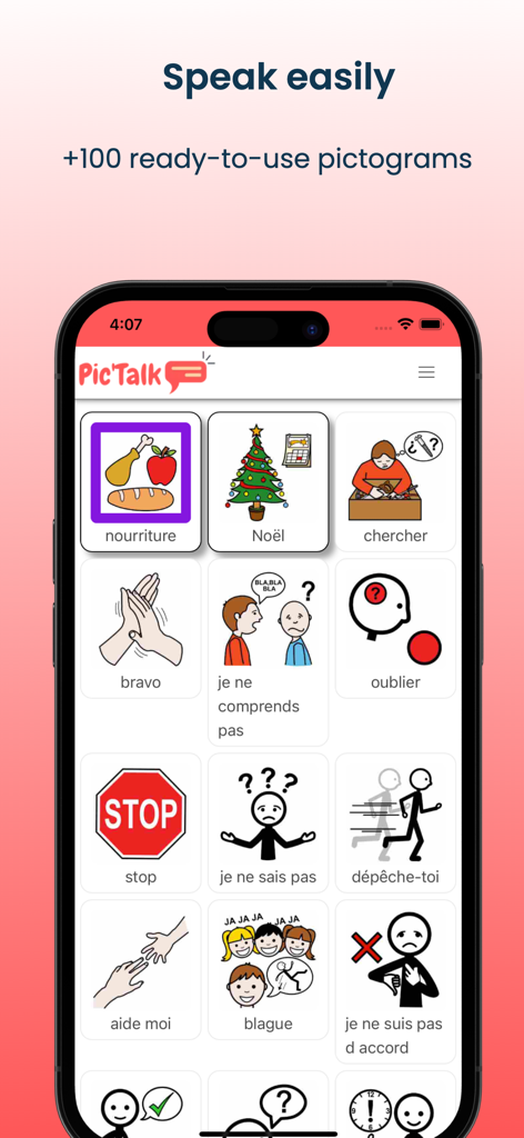 Pictalk AAC - A smartphone screen displaying the Pictalk AAC app interface with a grid of communication pictograms including icons for food, help, and social expressions.