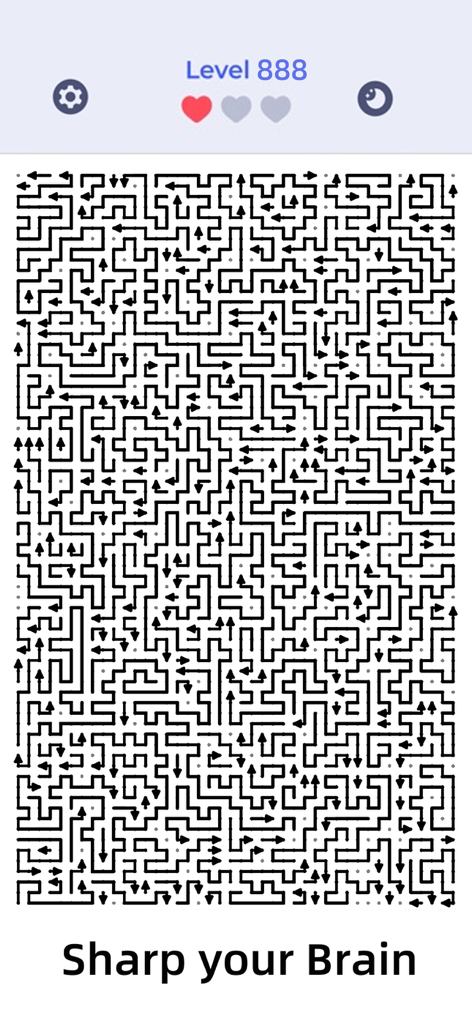 Arrows Puzzle: Escape Out! - Uma grade complexa de setas em um jogo de quebra-cabeça lógico com a legenda Afie seu Cérebro