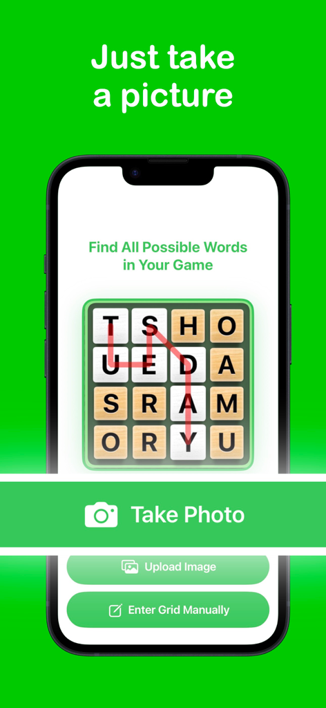 Word Hunt Solver - Word Hunt Solver mobile app interface showing the photo capture and image upload options for solving word puzzles