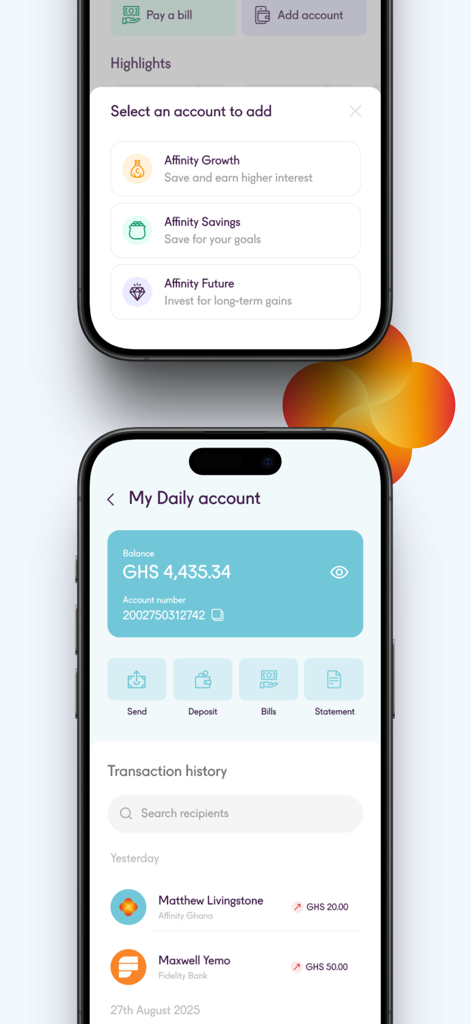 Interface of Affinity mobile banking app showing account options and transaction history in Ghanaian Cedi.