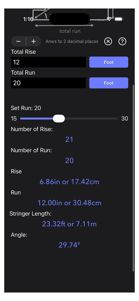 Interface showing calculated stair dimensions including rise run stringer length and angle