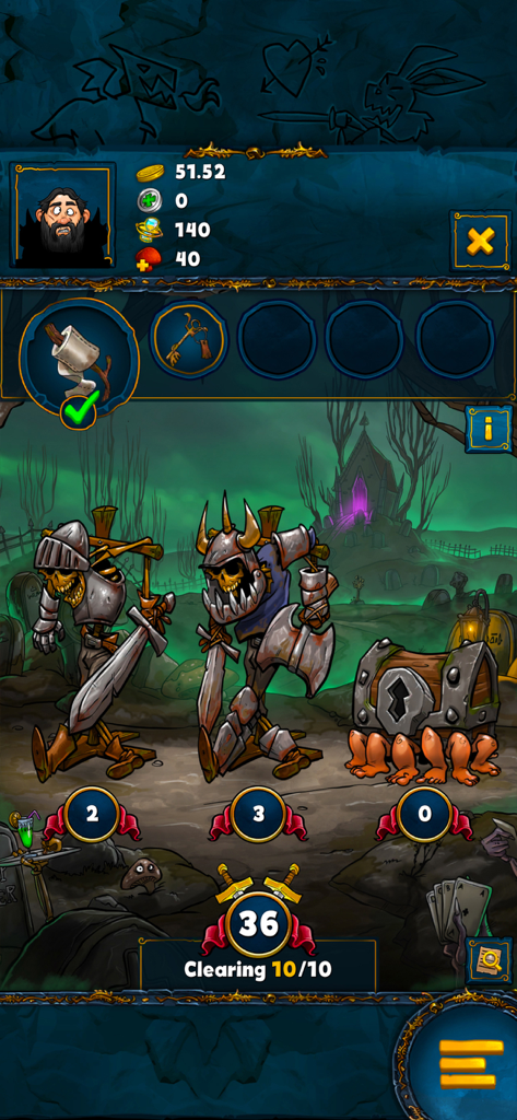 Shakes and Fidget: Idle RPG - Gameplay screen of Shakes and Fidget Idle RPG featuring satirical comic skeletons and a walking treasure chest.