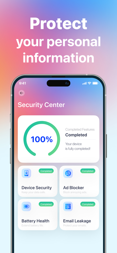 Panel del centro de seguridad de la aplicación limpiadora Purix que muestra las funciones de seguridad completadas y el estado de protección de datos