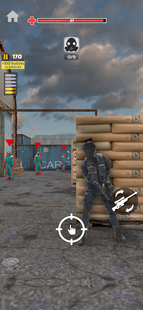 SWAT Tactical Shooter - A SWAT officer in tactical gear taking cover and aiming at enemies in hazmat suits within an industrial shipping yard.
