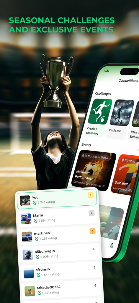 Ball in Goal: Soccer Training - Interface do aplicativo de treinamento de futebol mostrando desafios sazonais e classificação no placar