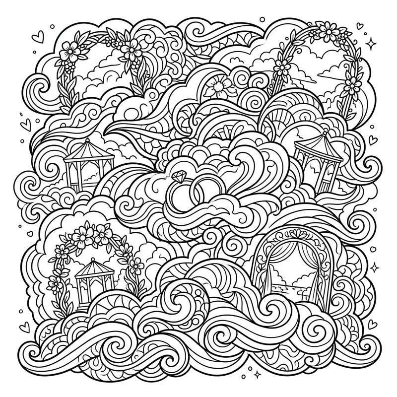 Celebrate love and creativity with this unique Zentangle wedding clouds coloring page. Intricate patterns intertwine with romantic motifs, offering a serene and beautiful artistic experience.