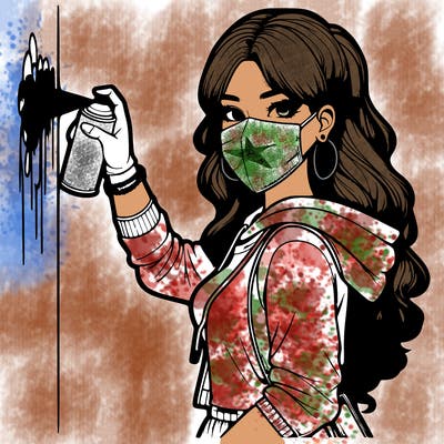 realistic girl with mask spray painting a wall