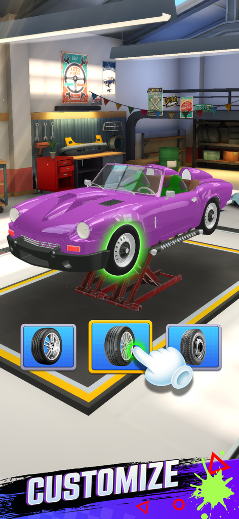 Royal Car Customs - Customizing a purple classic car with new tires in the Royal Car Customs mobile game.