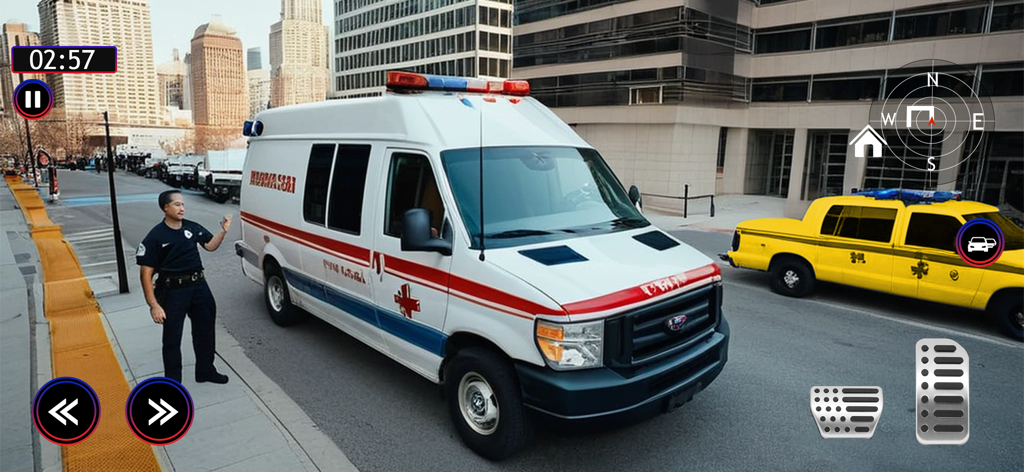 Patient Rescue Ambulance Game - A paramedic stands by a white ambulance on a city street in a rescue driving simulation game.