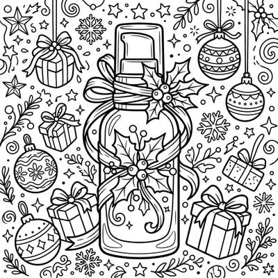 Celebrate the holiday season with this uniquely festive coloring page featuring a makeup primer bottle. Adorned with holly, gifts, and sparkling ornaments, it's a perfect blend of beauty and Christmas cheer.