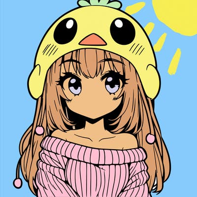 anime girl with chick shaped hat with sweater with bare shoulders with bangs covering them one eye with low tail