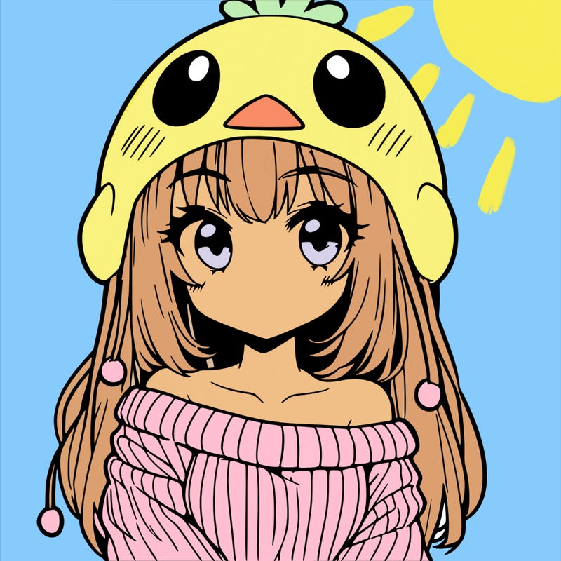 anime girl with chick shaped hat with sweater with bare shoulders with bangs covering them one eye with low tail