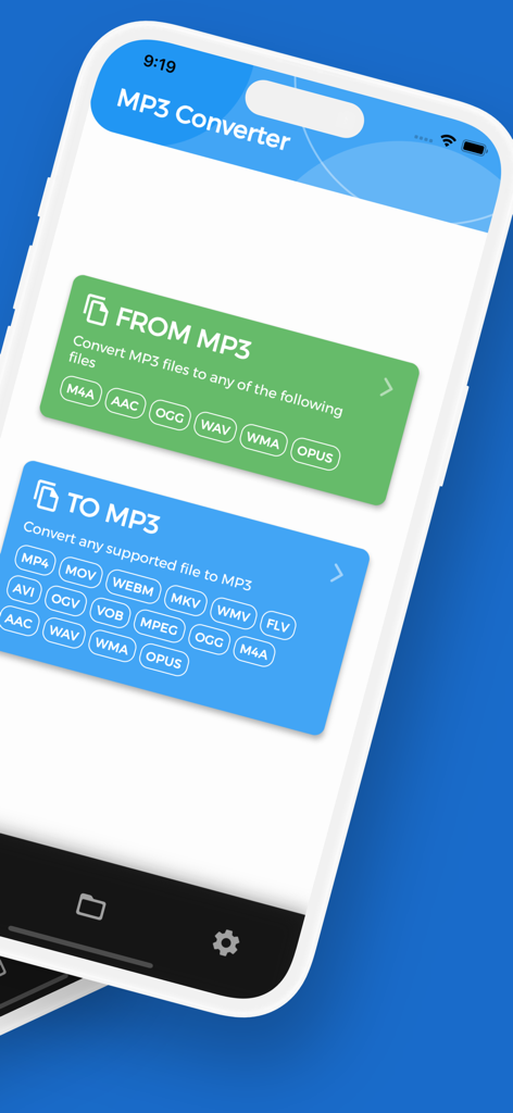 App screen showing options to convert from MP3 to other formats and various files to MP3 format