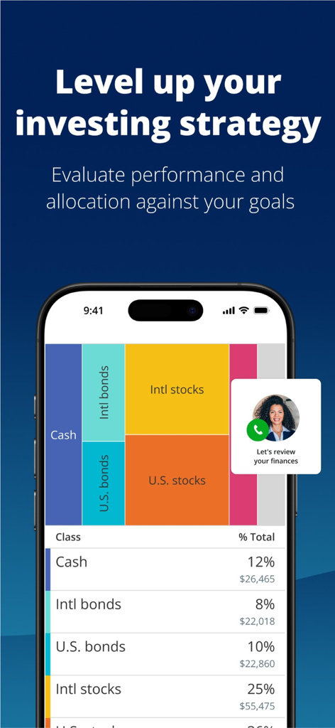 Empower mobile app screen showing a colorful asset allocation chart and a prompt for a financial review with an advisor.