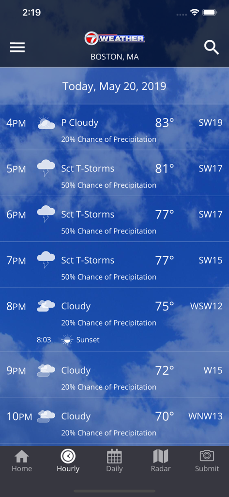 WHDH 7Weather app showing hourly forecast for Boston with temperatures and scattered thunderstorm warnings