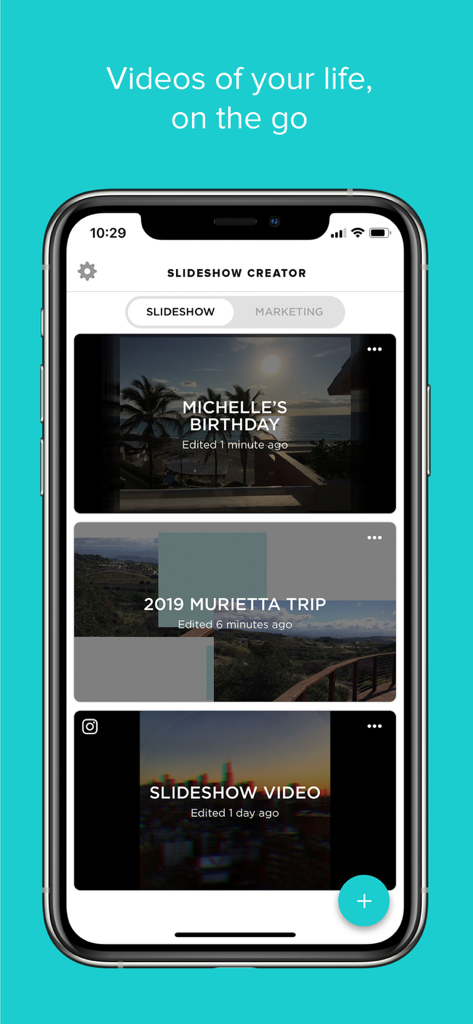 Slideshow Creator - Home screen of the Slideshow Creator app showing various video projects like birthdays and vacations.