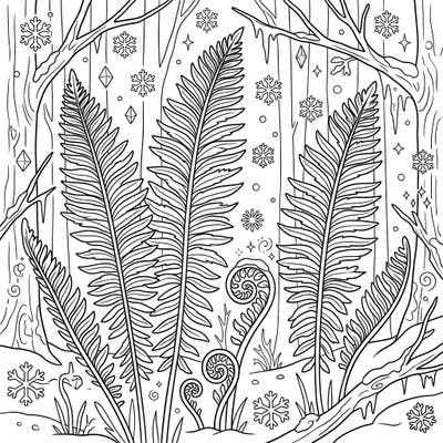 Discover the tranquil beauty of winter with this Ostrich Fern coloring page. Intricate designs of ferns nestled in a frosty wonderland offer a delightful creative escape.