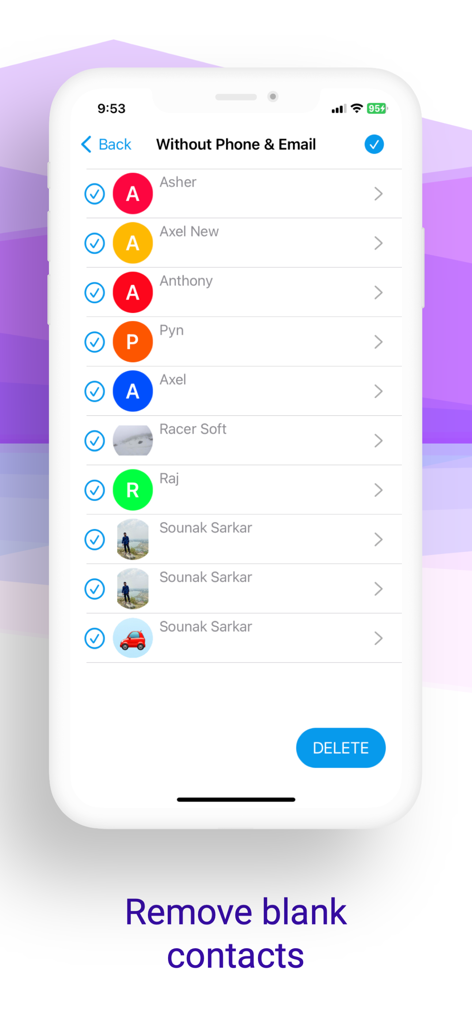 Mobile App-Oberfläche, die eine Liste von Kontakten ohne Telefonnummern oder E-Mail-Adressen zeigt, die zum Löschen ausgewählt wurden