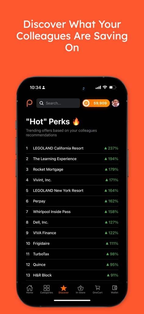 Un elenco di offerte di tendenza per dipendenti e vantaggi popolari consigliati dai colleghi nell'app Perks at Work.