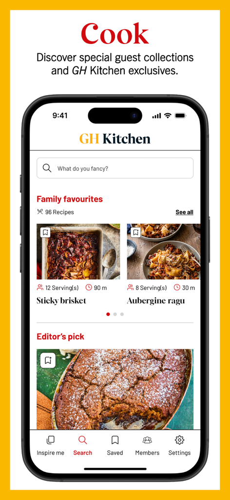 Good Housekeeping Recipes - Interfaccia dell'app Good Housekeeping Recipes che mostra ricette preferite dalla famiglia e scelte dell'editore nella sezione GH Kitchen