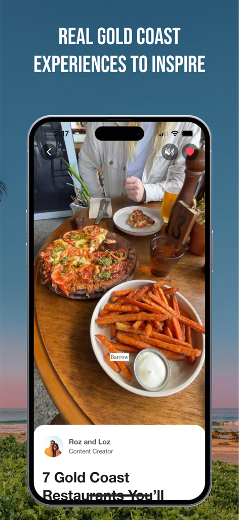 Experience Gold Coast - A mobile app screen showing user-generated restaurant recommendations for the Gold Coast featuring a photo of a pizza and sweet potato fries.