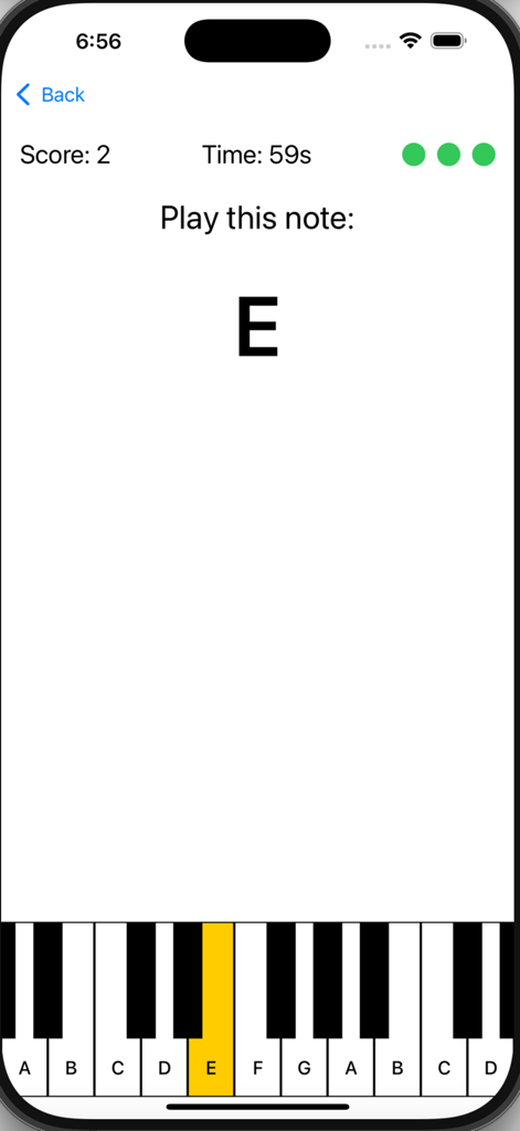 Piano Play - the easy way - Uma tela de jogo de aprendizado de piano pedindo ao jogador para identificar e tocar a nota musical Mi em um teclado rotulado.