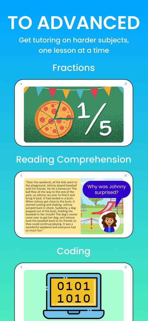 Super Teacher - Screenshots of Super Teacher app showing lessons on fractions reading comprehension and coding for kids