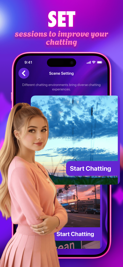 Interfaz de la aplicación Sitalk que muestra la función de configuración de escena con un personaje de IA rubio y varios entornos virtuales para sesiones de chat.