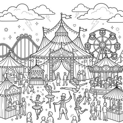 Step right up and immerse yourself in the vibrant world of a bustling carnival, captured perfectly in this intricate coloring page. Featuring majestic tents, thrilling rides, and dazzling performers, it promises hours of creative fun.