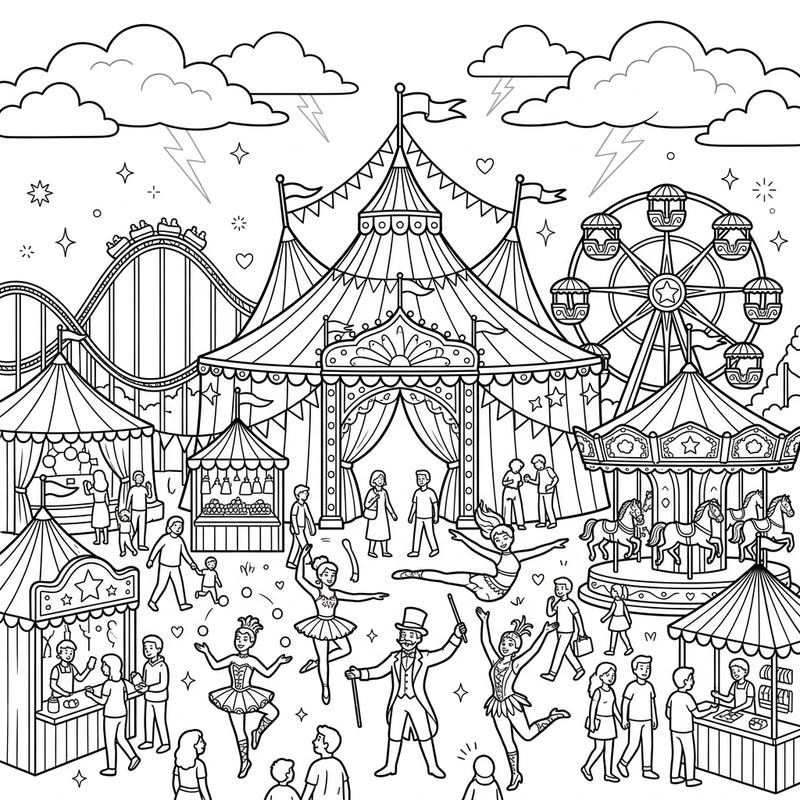 Step right up and immerse yourself in the vibrant world of a bustling carnival, captured perfectly in this intricate coloring page. Featuring majestic tents, thrilling rides, and dazzling performers, it promises hours of creative fun.