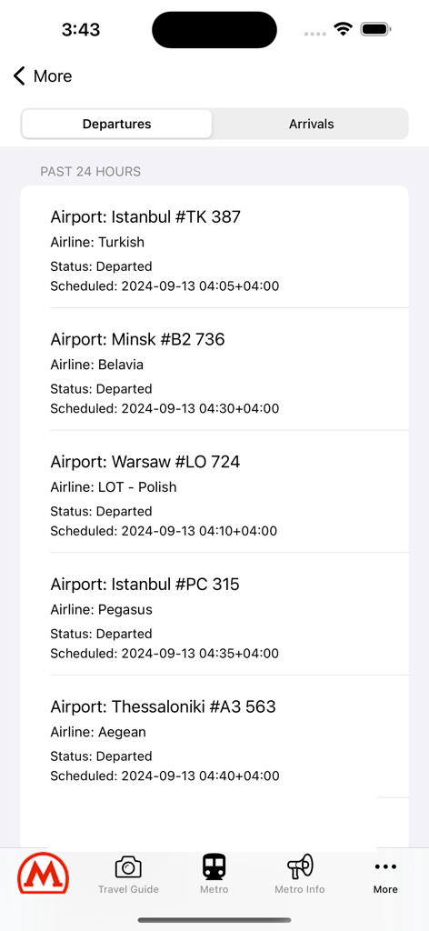 Tbilisi metro maps - Pantalla de la aplicación móvil que muestra las salidas de vuelos desde Tiflis con información de aerolínea y estado.