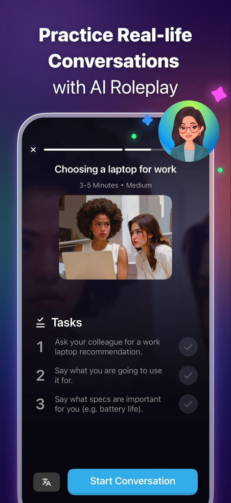 ELSA Speak interface showing a professional English conversation practice with AI roleplay.