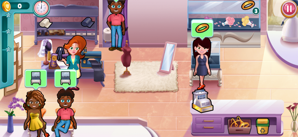 Ellie's Wedding Journey - 시간 관리 게임 레벨 중 신부샵에서 고객에게 서비스를 제공하는 엘리 모습