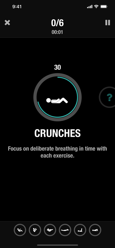 Minimalist interface of the Streaks Workout app showing a thirty second crunches exercise timer