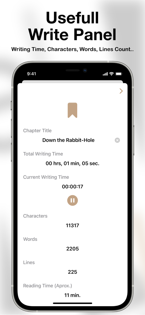 eScribo - eScribo mobile app screenshot showing writing statistics including word count characters and reading time