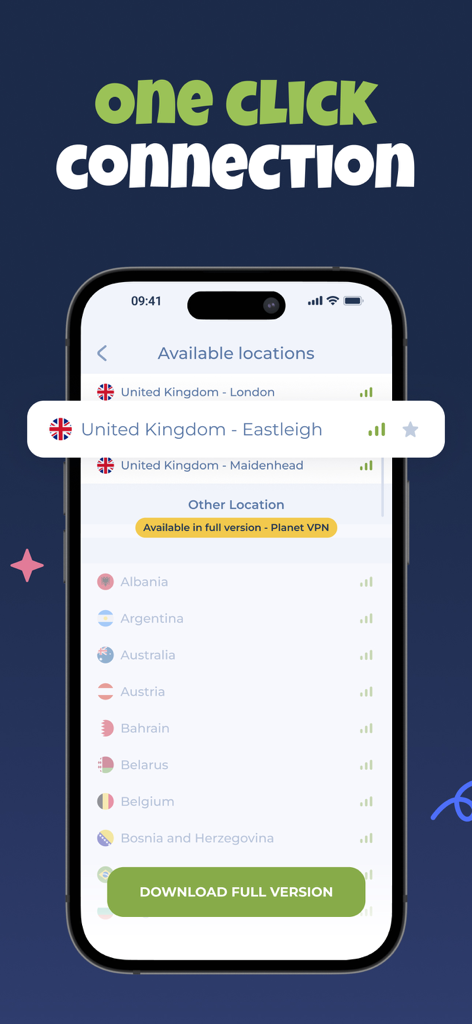 UK VPN - Private & Secure - Interfaccia dell'app UK VPN che mostra le località dei server disponibili nel Regno Unito e un'intestazione di connessione con un clic.