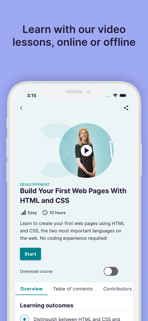 OpenClassrooms: Online courses - OpenClassrooms mobile app screen showing a course overview for building web pages with HTML and CSS and a button to start video lessons.
