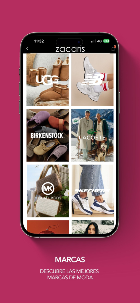 La interfaz de la app Zacaris muestra una cuadrícula de marcas de moda populares, incluidas UGG, New Balance, Birkenstock y Lacoste