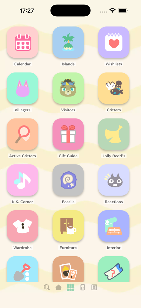Animal Crossing New Horizons planner app main menu showing colorful icons for tracking villagers and collections