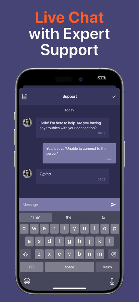 Red Shield VPN - Smartphone screen showing the live chat interface within the Red Shield VPN app for expert support.